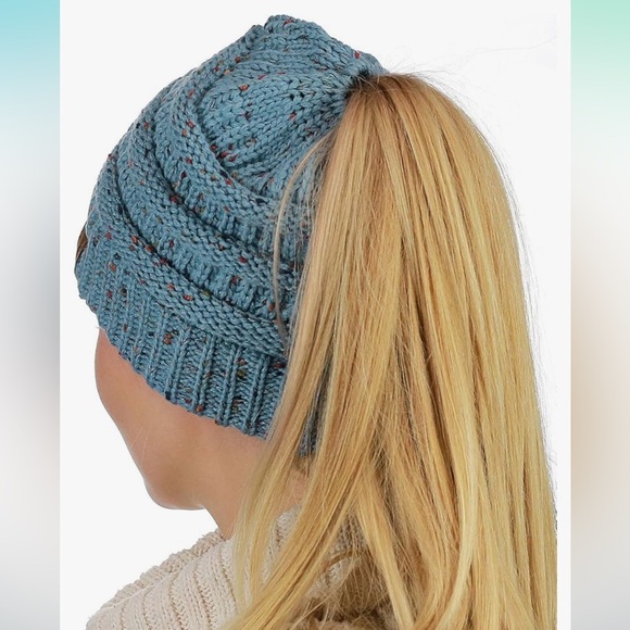 C.C MESSY BUN BEANIE TAIL SOFT STRETCH EXC.-🎉DENIM🩵~or~🎉OMBRE🫒,OS,BNWTIB/WOT - Picture 5 of 14